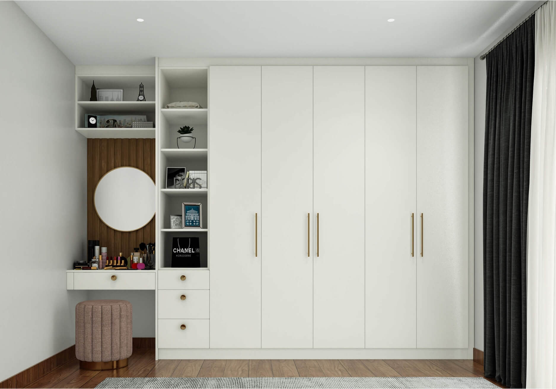 Fitted wardrobe with integrated dressing table, London